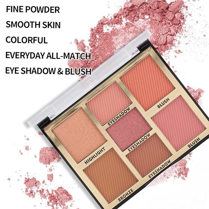 Full Face Makeup Palette, 4 in 1 Small Nude Nake Makeup Palet with Highlight, Bronze, 3 Colors Eyeshdow, 2 Color Blush, Double Side Brush, Fine Silky Powder