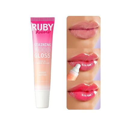 Ruby Kisses pH Lip Gloss, Pink Tinted Lip Balm Stain, Mood Color Changing Lipstick with Mango Butter for Long-Lasting Hydration, Lightweight Non-Sticky Shine, Fuller & Smoother Lips