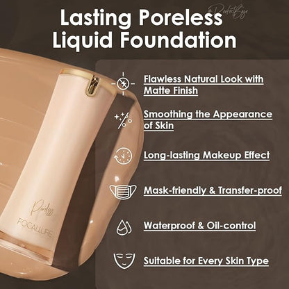 FOCALLURE PerfectBase Lasting Poreless Liquid Foundation, Medium to Full Coversage with Matte Finish, Covers Blemishes & Under-Eye Circles for All Skin Types, NE14 BEIGE