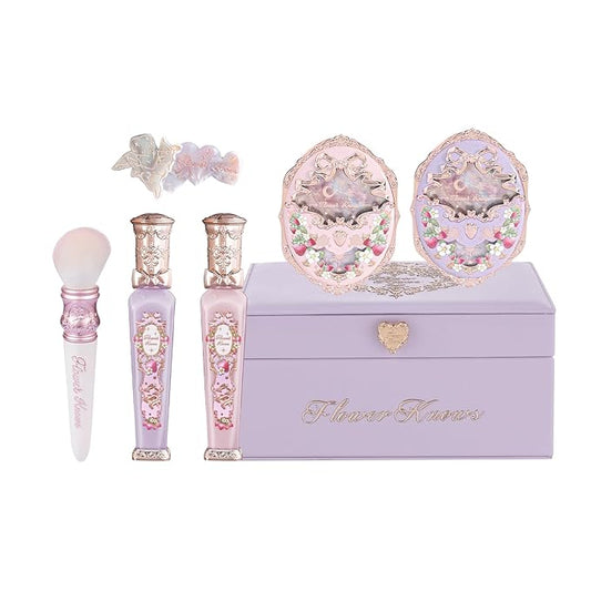 Flower Knows Violet Strawberry Rococo Gift Box Set,7 Pack Makeup Box with Mirror,Lip Gloss×2+Blush×2+Blush Brush×1+Hair Clip×1+Gift Box×1,Perfect Makeup Gift for Girls & Women