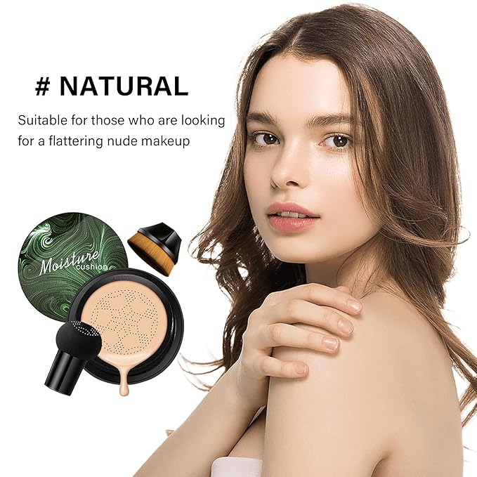 Mushroom Head Air Cushion CC Cream Foundation, 2PCS Full Coverage Concealer Foundation Face Makeup Set with Makeup Brush, Long-lasting Oil Control Moisturizing BB Cream, Even Skin Tone, Natural