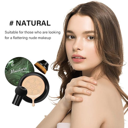 Mushroom Head Air Cushion CC Cream Foundation, 2PCS Full Coverage Concealer Foundation Face Makeup Set with Makeup Brush, Long-lasting Oil Control Moisturizing BB Cream, Even Skin Tone, Natural