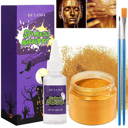 Gold Face Body Paint Metallic Powder Kit, Highly Pigmented Golden Metal Powder Face Painting with Mixing Liquid (1.06oz) and 2 Brushes, Halloween Makeup Kit for Special FX, Stage, Cosplay, Craft, Cos