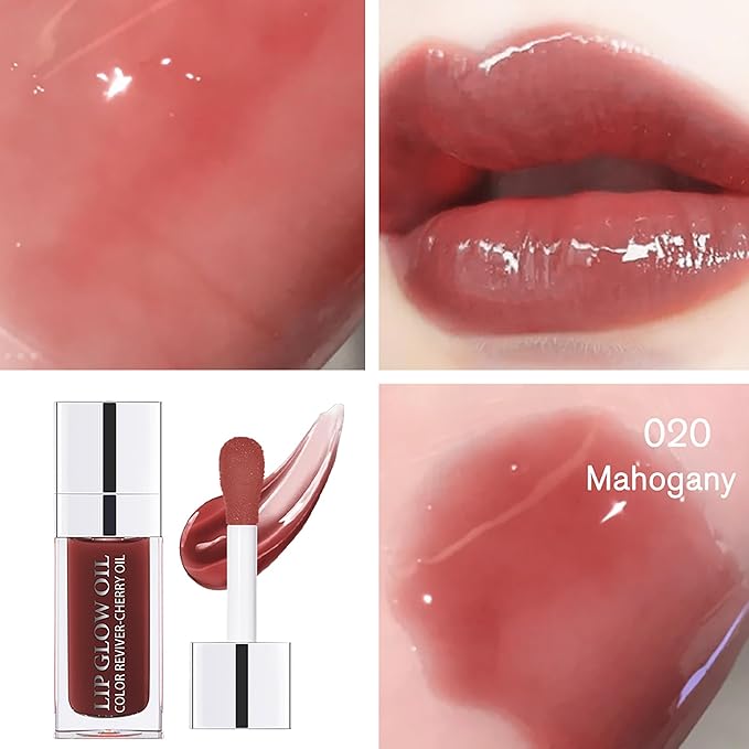 Brown Hydrating Lip Glow, Moisturizing Gloss, Plumping Oil Gloss, Non-Sticky Long Lasting, Transparent Tinted, Reduces Lip Lines