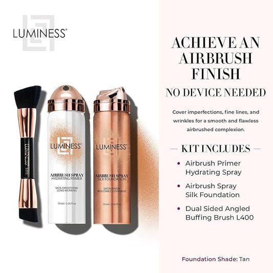 LUMINESS Airbrush Spray Silk Foundation Starter Kit - Tan - Foundation, Primer & Dual-Sided Angled Buffing Brush - Medium, Buildable Coverage, Anti-Aging Formula Hydrates & Moisturizes