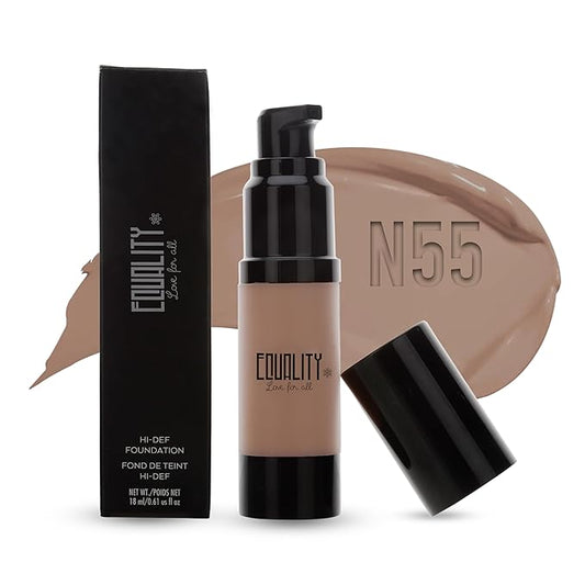 EQUALITY HI-DEF Foundation, Water resistant, Medium to Full coverage, Dewy finish non-matt, 12 hour wear Shine control, Cruelty Free, Paraben Free, 18ml/0.61 US Fl Oz - N55