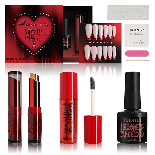 Halloween Makeup Kit,Halloween Press On Nail With Tools,SFX Make up Set Fake Blood Cream,Powder Lipstick,two-tone eyeshadow,2024 New Halloween Party Supplies