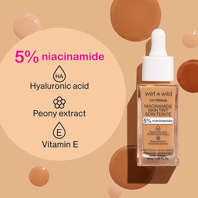 wet n wild Bare Focus Skin Tint, 5% Niacinamide Enriched, Buildable Sheer Lightweight Coverage, Natural Radiant Finish, Hyaluronic & Vitamin Hydration Boost, Cruelty-Free & Vegan - Fair Beige