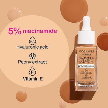 wet n wild Bare Focus Skin Tint, 5% Niacinamide Enriched, Buildable Sheer Lightweight Coverage, Natural Radiant Finish, Hyaluronic & Vitamin Hydration Boost, Cruelty-Free & Vegan-Light Medium Sand