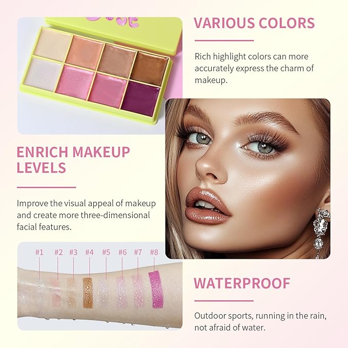 8 Colors Multi-use Cream Contour Highlighter Palette Makeup,Concealer Palette for Cheek Eye Nose Face Body,Cheek Lip Tint,Lightweight Soft Buildable Blendable Natural Look