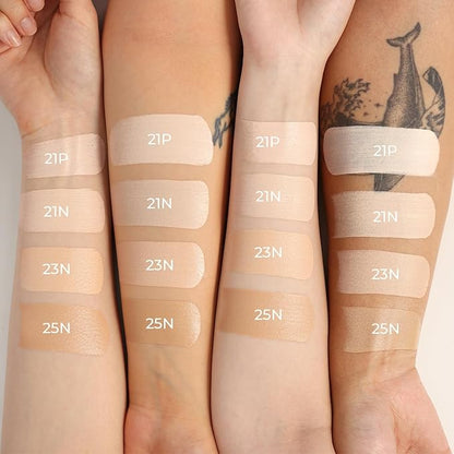 Cushion Foundation 0.42 Oz (21N Light Beige) + System Fitting Puff 5EA | Long-Lasting Buildable Coverage | Korean Cushion Makeup | Face Makeup Tool for Liquid Foundation