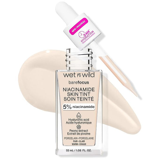 wet n wild Bare Focus Skin Tint, 5% Niacinamide Enriched, Buildable Sheer Lightweight Coverage, Natural Radiant Finish, Hyaluronic & Vitamin Hydration Boost, Cruelty-Free & Vegan - Porcelain