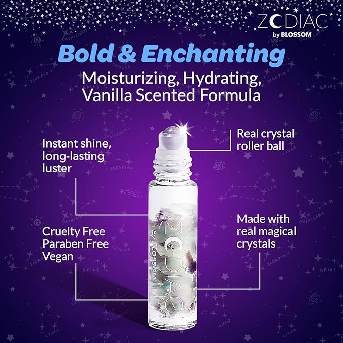 Blossom Lip Gloss Zodiac Sign Vanilla Scented Roll-On Lip Gloss, Moisturizing + Hydrating with Zodiac Crystals, Made in USA, 0.20oz, Virgo