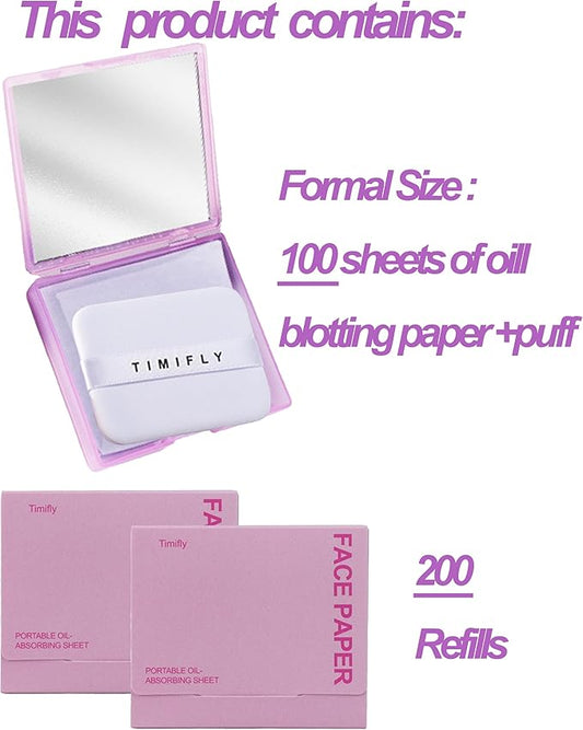 Oil Blotting Paper - 300 Sheets w/Mirror, Puff & Refills, Absorbs Excess Face Oil, Controls Shine, Gentle for Makeup Use