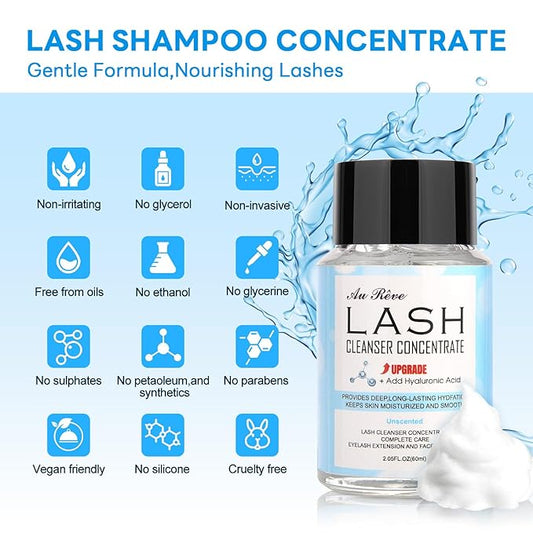 Lash Shampoo Concentrate 60ml Lash Cleanser Concentrate Add Hyaluronic Acid Oil-Free Lash Extension Shampoo Perfect for Salon，Unscented