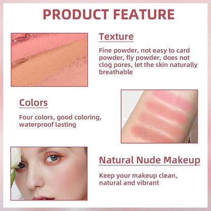 4 in 1 Blush Palette, 4 Colors Matte Face Powder Blush for Cheek, Strawberry Red, Poppy Peach, Shy Pink, Coral Orange Face Rouge Long Lasting High Pigment Lightweight Korean Blush Makeup03#