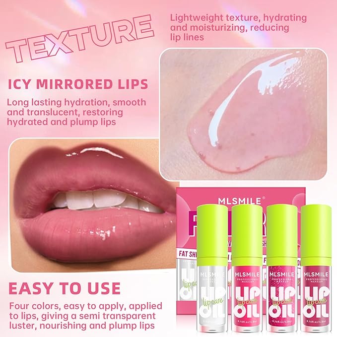 4 Colors Hydrating Lip Oil Plumping + Lip Liner Set, Shiny Glow Reviver Lip Care Oil, Moisturizing Big Brush Head Clear Pink Glitter Transparent Lip Gloss Combo Makeup Present for Women