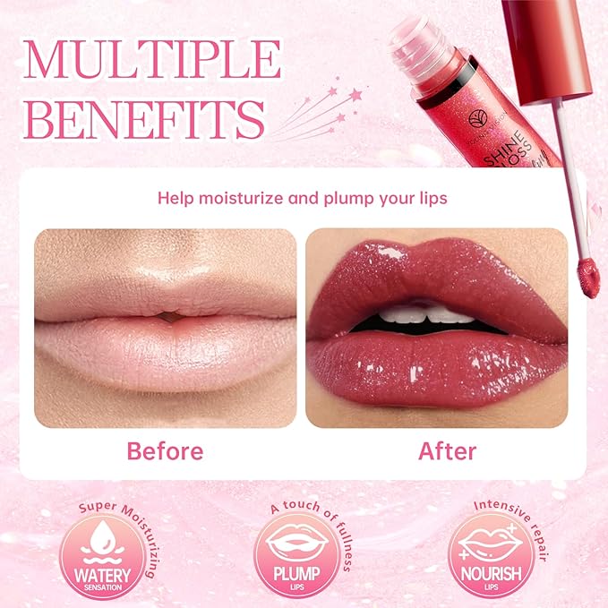 Glitter Lip Gloss with Brown Lip Liner Set Lip Combo, Moisturizing High Shine Shimmer Lip Glow Oil Fresh Lightweight Glossy Plumping Lip Tint for Women Long Wear Liquid Lipstick Makeup#8