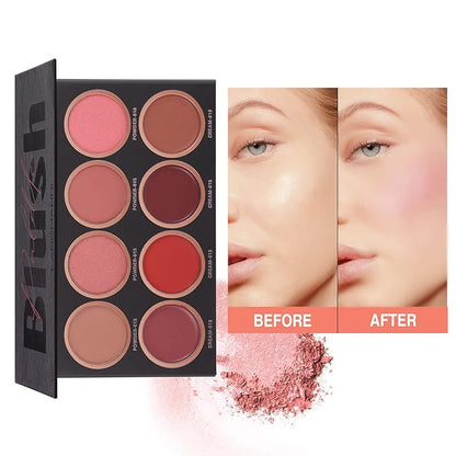 8 Colors Face Blush Palette, Matte Mineral Powder Bright Shimmer for Cheek and Eye Shadow Make-up, Contour and Highlight, Women Facial Makeup Plate