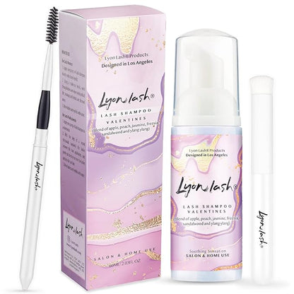 Lyon Lash Eyelash Extension Shampoo (Valentines), Gentle Formula Paraben & Sulfate Free, Oil Free Foam Cleanser Kit | Remove Eye Makeup & Oil & Dust | Professional Salon And Home Use (60ml + 1 mascara wand + 1 cleansing brush)