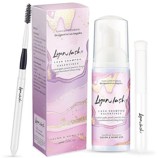 Lyon Lash Eyelash Extension Shampoo (Valentines), Gentle Formula Paraben & Sulfate Free, Oil Free Foam Cleanser Kit | Remove Eye Makeup & Oil & Dust | Professional Salon And Home Use (60ml + 1 mascara wand + 1 cleansing brush)