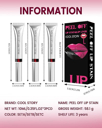 3Pcs Peel Off Lip Stain & Lip Liner Set Long Lasting,Tattoo Lipstain Peel Off Lip Gloss Nude Matte Lipstick, Waterproof,Transfer-Proof Lip Tint for All-Day Wear Women Lip Stain Color Makeup Gift-A