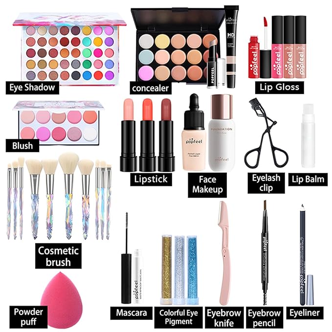 All in One Makeup Kit for Women Full Kit, Mother's Day Gifts for Women Girls, Makeup Essential Bundle Include Eyeshadow Palette Lipstick Blush Foundation Concealer Mascara Eyebrow Pencil