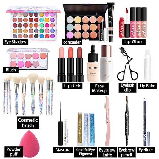 All in One Makeup Kit for Women Full Kit, Mother's Day Gifts for Women Girls, Makeup Essential Bundle Include Eyeshadow Palette Lipstick Blush Foundation Concealer Mascara Eyebrow Pencil