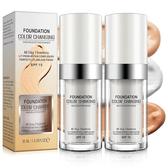 2 Pack Color Changing Foundation - Conceals Blemishes and freckles Liquid Makeup for All Skin Types, Lightweight Medium Coverage, Professional Makeup for Flawless Skin, 30ml