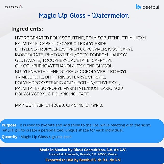 Bissú Magic Lip Gloss, 6 Fruity Scents, Moisturizing pH Reactive Gloss, with drop-shaped applicator and large size (06 Watermelon, 4 Grams)