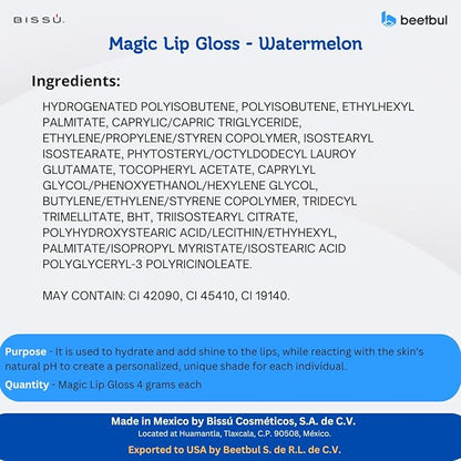 Bissú Magic Lip Gloss, 6 Fruity Scents, Moisturizing pH Reactive Gloss, with drop-shaped applicator and large size (06 Watermelon, 4 Grams)