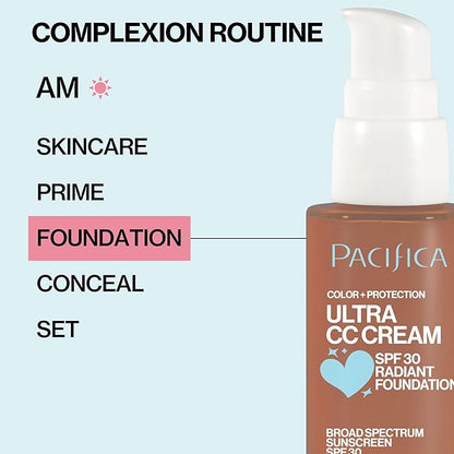 Pacifica Ultra CC Cream Radiant Foundation SPF 17 - Warm-Tan – Medium Coverage Color Correcting Foundation, Dewy Finish, Mineral SPF, 1 oz