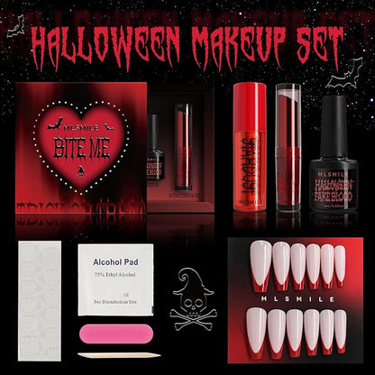 Halloween Makeup Kit,Halloween Press On Nail With Tools,SFX Make up Set Fake Blood Cream,Powder Lipstick,two-tone eyeshadow,2024 New Halloween Party Supplies