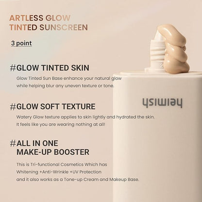 HEIMISH Artless Glow Tinted Sunscreen, Multipurpose Makeup Base, Primer, Highlighter, Lightweight, Non-greasy, Hydrating, Natural Finish with SPF 50+ PA+++, 1.35fl.oz/40ml, Shine Beige