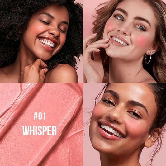 Multi-Use Makeup Cream Blush Stick, Unidollss 3-in-1 Buildable Powder Blush Stick for Cheeks, Eyes, and Lips, Hydrating formula, All day wear, Easy Application with Thumb Puff Included (01 WHISPER)