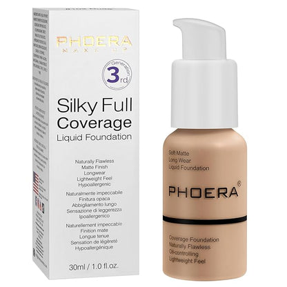 PHOERA Foundation, PHOERA Matte Liquid Foundation,PHOERA Makeup for Women, PHOERA Foundation Full Coverage Concealer, 30ml 24HR Matte Oil Control Concealer (104- Buff Beige)