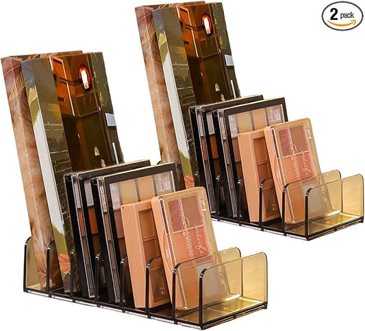 Makeup Palette Organizer,Acrylic Eyeshadow Palette Pallet Holder,7 Sectons BPA-Free Divided Make Up Blush,Contour Storage Holder Cosmetic Eye Shadow Display Stand Clear Rack Vanity Holder(Grey-2 Pack)