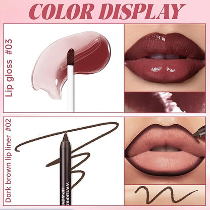 Nourishing Lip Gloss with Brown Lip Liner Combo Set, Moisturizing High Shine Lip Glow Oil Fresh Lightweight Lip Care, Glossy Plumper Lip Gloss for Women, Long Wear Liquid Lipstick Makeup Kit#3