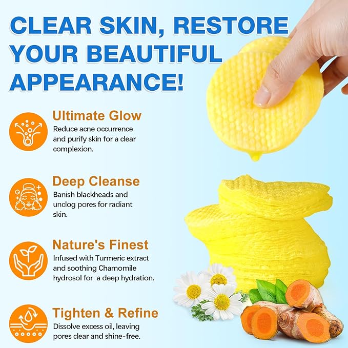 Turmeric Cleansing Pads Kojic Acid Turmeric Cleansing Pads, Face Turmeric & Kojic Acid Pads for Dark Spots, Glow Up Acne Scars, Unclog Pores, Enriched Vitamin C,Gentle & Non-Irritating