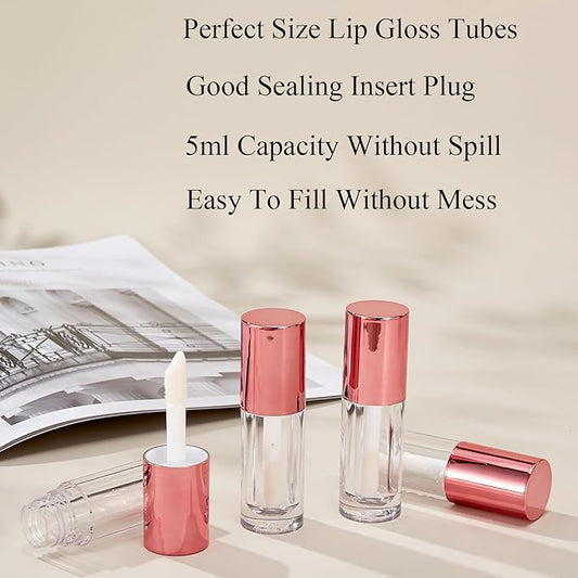Qeuly 6ml Empty Lip Gloss Tubes, Clear Mini Lip Gloss Tubes, Lip Balm Tubes Containers with Lip Gloss Applicator Wands for Women Girls DIY Makeup Lipgloss Making Kit (D25xH86mm) (Rose Gold)