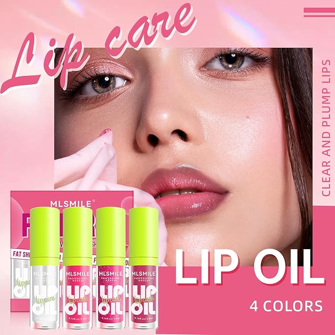 4 Colors Hydrating Lip Oil Plumping + Lip Liner Set, Shiny Glow Reviver Lip Care Oil, Moisturizing Big Brush Head Clear Pink Glitter Transparent Lip Gloss Combo Makeup Present for Women