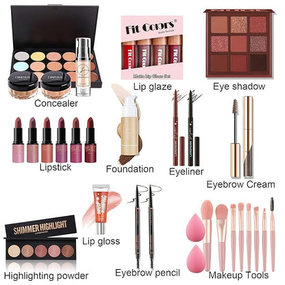 Pure Vie All-in-One Holiday Gift Surprise Makeup Set Essential Starter Bundle Include Eyeshadow Palette Lipstick Concealer Blush Mascara Eyeliner Face Powder Lipgloss Brush - Full Makeup Kit for Women