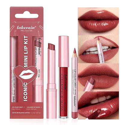3PCS Lip Liner and Lipstick Combo Set - Matte Lip Liner Pencil, Velvet Matte Lipstick & Hydrating Collagen Lip Gloss - Long-Lasting, Smudge-Proof, High Pigment Nude Brown Lip Makeup Kit (Set 2, 3)