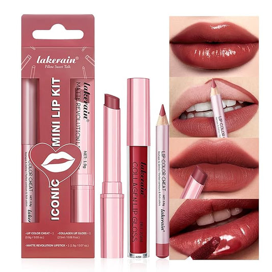 3PCS Lip Liner and Lipstick Combo Set - Matte Lip Liner Pencil, Velvet Matte Lipstick & Hydrating Collagen Lip Gloss - Long-Lasting, Smudge-Proof, High Pigment Nude Brown Lip Makeup Kit (Set 2, 3)