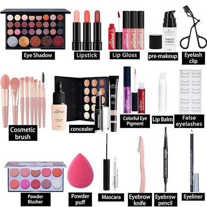 Pure Vie All-in-One Holiday Gift Surprise Makeup Set Essential Starter Bundle Include Eyeshadow Palette Lipstick Concealer Blush Mascara Eyeliner Face Powder Lipgloss Brush - Full Makeup Kit for Women