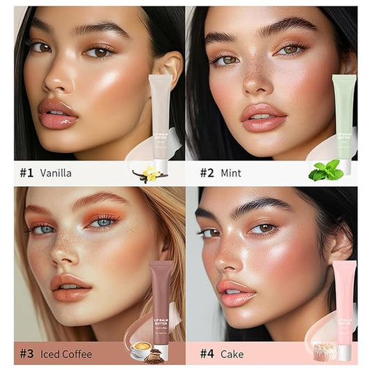 4 Flavors Summer Special Butter Lip Balm Lip Tint Hydrating Lip Gloss, High Shine Nude Color Nourishing Lip Care Finish Lip Glow Oil (4 Color, 0.5 Oz)
