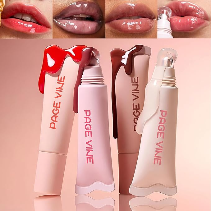 4 Pcs Hydrating Lip Gloss Lip Jam Set, Glow Tinted Lip Jelly, High Shine Glass Finish Nude Lip Treatment Liquid Lipstick for Girls and Women