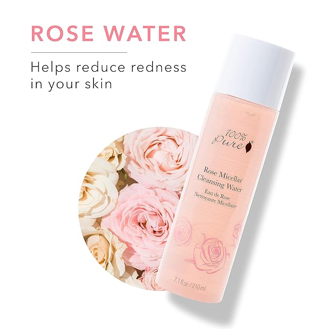 100% PURE Rose Micellar Cleansing Water, Hydrating Makeup Remover, Daily Skin Care for All Skin Types, Soothing Micellar Water, Natural Skin Care - 7.1 Fl Oz