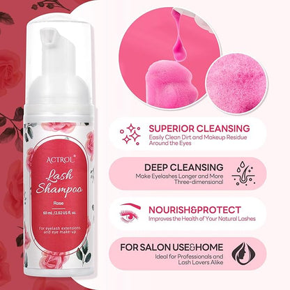 Eyelash Extension Cleanser 60ML Colored Red Rose Lash Extension Shampoo Professional Eyelid Foaming Cleanser Paraben & Sulfate Free Non-lrritating with Salon and Home Care