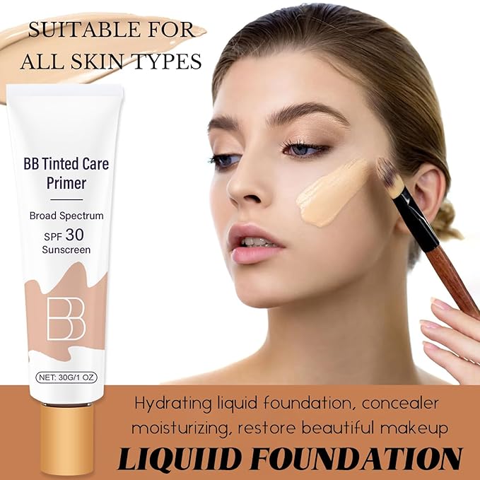 BB Blur Tinted Moisturizer Broad Spectrum SPF 30,BB Tinted Care Primer Waterproof Foundation,Beauty Perfecting BB Cream with Hyaluronic Acid and Niaciminade,Evens Skin Tone,Lightweight,Matte Finish